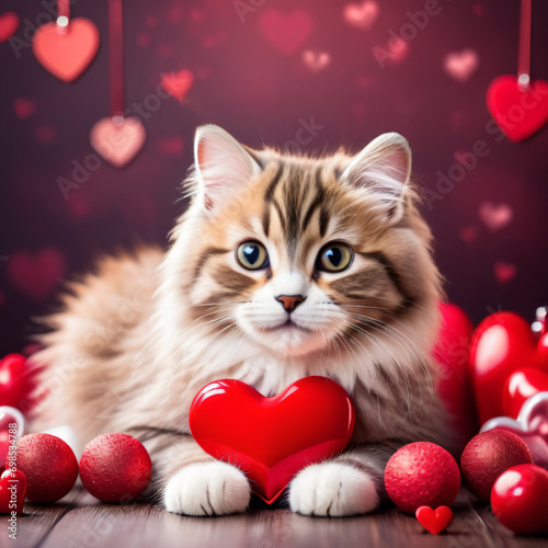 Cute cat with hearts, Valentine's day card, background