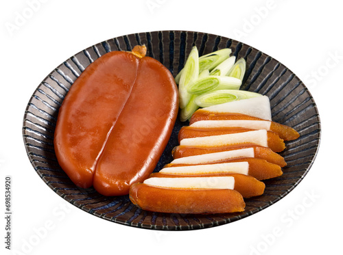 Foto Delicious fresh mullet roe isolated on white background for Chinese lunar new year