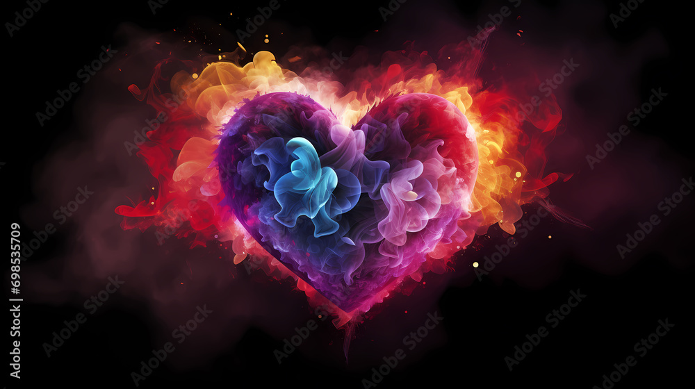 Colorful Valentine's Day hearts with fireworks and smoke in the background, Valentine's Day background - obrazy, fototapety, plakaty 