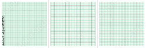 3 Types of square checkered graph paper background green color or ledger paper colour. For students, projects, engineers. Seamless pattern
