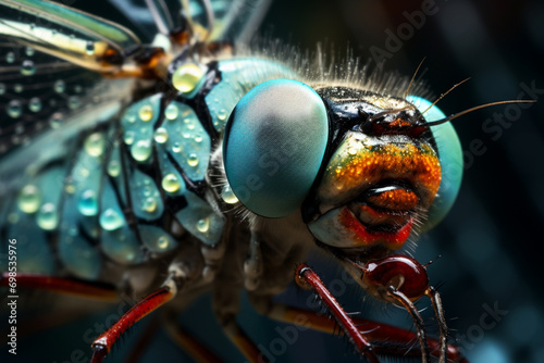 A macro close-up capturing the fascinating transformation of a dragonfly nymph into its adult form, shedding its exoskeleton.