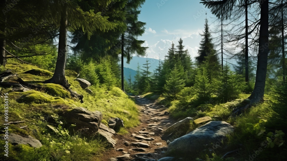 Obraz premium A panoramic view from the footpath through the lush forest