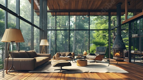 Mid-century loft home interior design of modern living room in house in forest.  photo