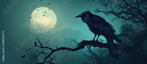 Silhouette of isolated Corvus corax bird for Halloween graphic design.