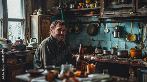 Friendly portrait of a man in a rustic  lived-in kitchen  surrounded by the charm of traditional cookware and the warmth of a homely setting.