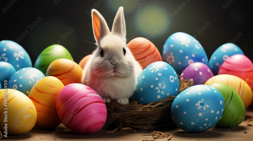 bunnies and Easter eggs on a white background. Selective focus. Generative AI,