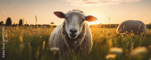 background of sheep in the pasture in the afternoon photo