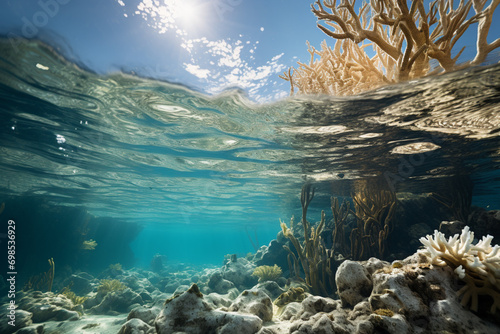 Underwater photograph highlighting coral bleaching  drawing attention to the environmental challenges faced by coral reefs.