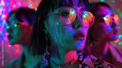 young woman in holographic glasses, with neon lights creating a futuristic glow on her stylish features.