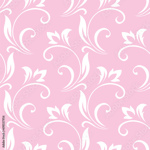 Vintage seamless plant delicate pattern of stylized stems, leaves, flowers and curls on pink background. Retro style. Vector backdrop, texture for victorian wallpapers, wrapping paper, fabric