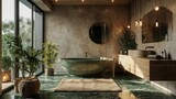 Modern minimalist bathroom interior. Green marble floor and grey walls, hanging cabinet with countertop sink, freestanding green bathtub, bathroom accessories, indoor plants, panoramic windows.