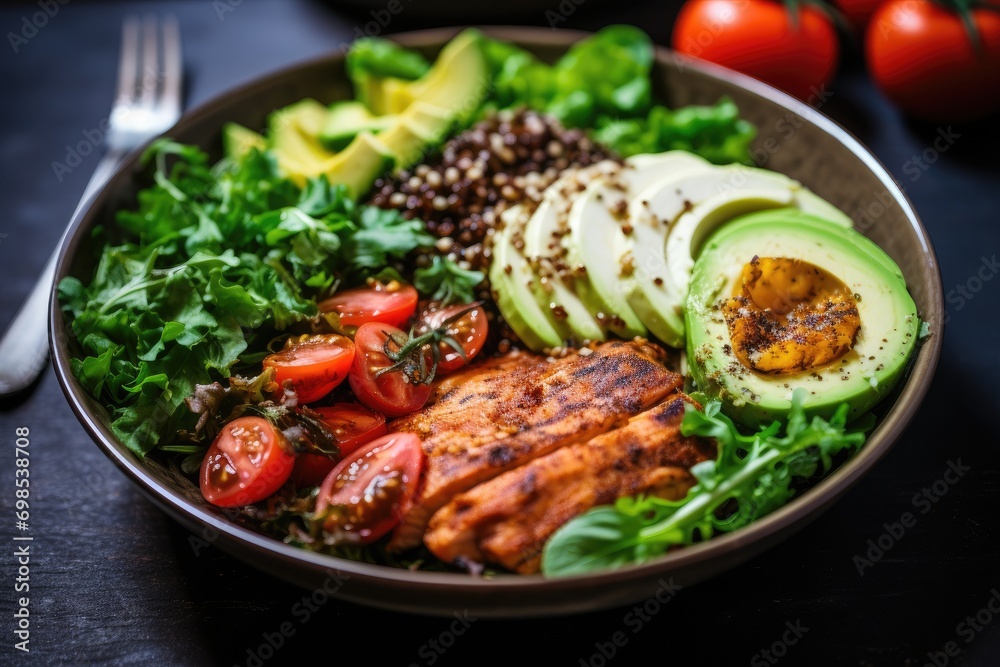 Buddha bowl with fresh vegetables and egg on wooden table, A close-up image of a healthy, protein-rich meal, AI Generated Buddha bowl with fresh vegetables and egg on wooden table, A close-up image of a healthy, protein-rich meal, AI Generated