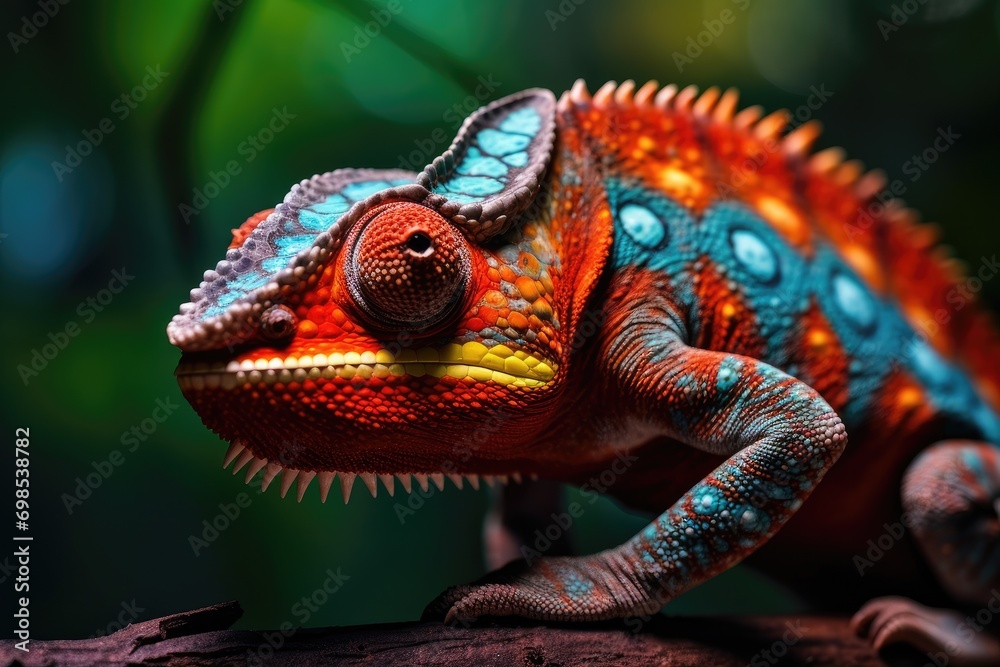 Close up of colorful chameleon on the branch in the forest, A close-up of a chameleon changing its colors, AI Generated Close up of colorful chameleon on the branch in the forest, A close-up of a chameleon changing its colors, AI Generated