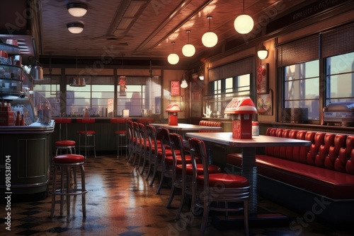 Interior of a cafe with red chairs and tables. 3d rendering, A classic diner scene with vintage elements, AI Generated