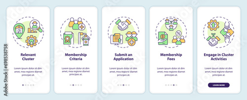 2D icons representing become member of agro-food cluster mobile app screen set. Walkthrough 5 steps colorful graphic instructions with thin line icons concept, UI, UX, GUI template.