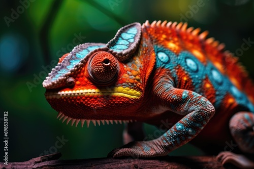 Close up of colorful chameleon on the branch in the forest  A close-up of a chameleon changing its colors  AI Generated