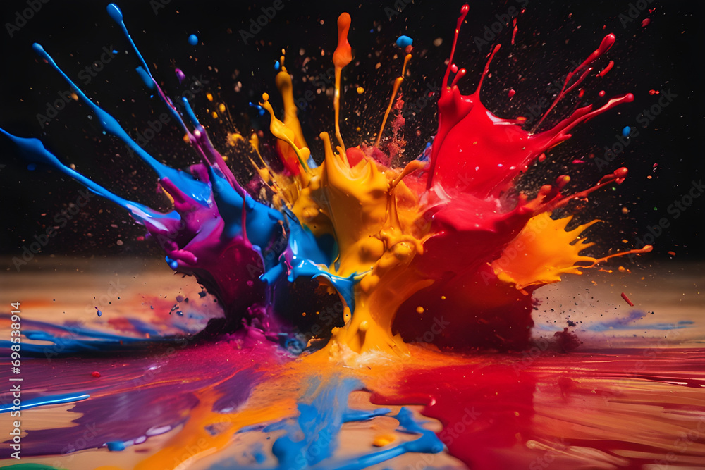 Different colors of red, blue, yellow paints hit the ground creating a vivid kaleidoscope of colorful and vibrant splashes and splatter. Concept - unleash creativity and artistic side. Closeup. - obrazy, fototapety, plakaty 