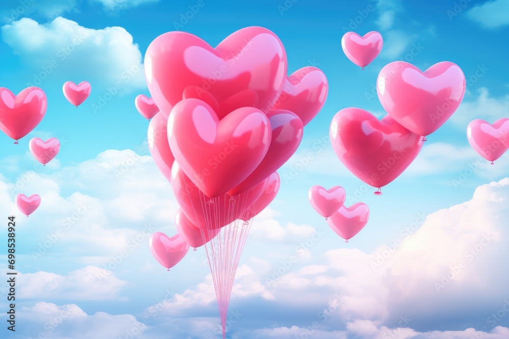 Heart shaped balloons flying in the blue sky. 3D Rendering, A cluster of vivid love heart balloons floating in sky, AI Generated