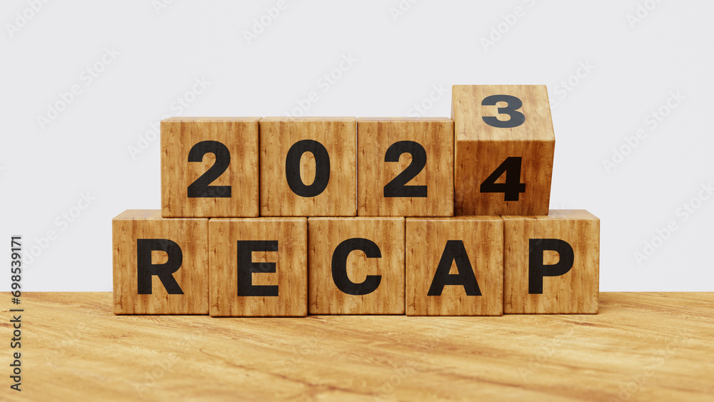 2023 Recap economy, business, financial summary, business review concept. Business plan for 2025. Wooden cube flips from 2023 Recap to 2024 Recap. 3d illustration - obrazy, fototapety, plakaty 