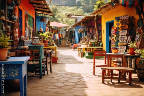 Colorful souvenir shop on the street in Guatape, Colombia, A colorful artisan marketplace in a South American town, AI Generated photo