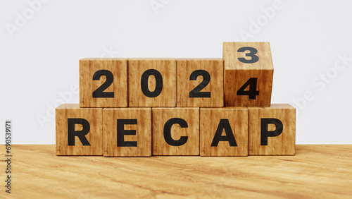 2023 Recap economy, business, financial summary, business review concept. Business plan for 2025. Wooden cube flips from 2023 Recap to 2024 Recap. 3d illustration
