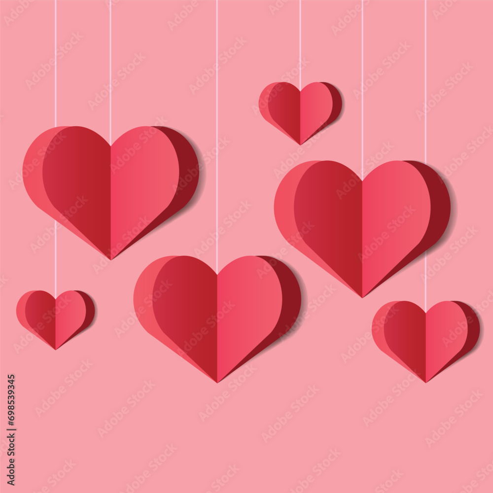 Paper cut Hearts on strings of Valentine's Day background.Vector illustration.Template for greeting card, banner, poster.Romantic background with red paper craft art hearts