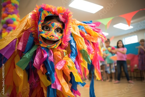 Colorful carnival mask in front of children in the background, A colorful piñata at a children’s party with blindfolded child ready to swing, AI Generated