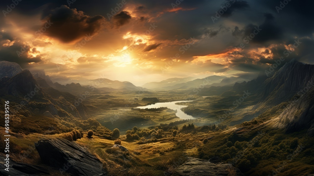 Epic landscape panorama. Views of the majestic landscape in a dramatic moment during sunrise