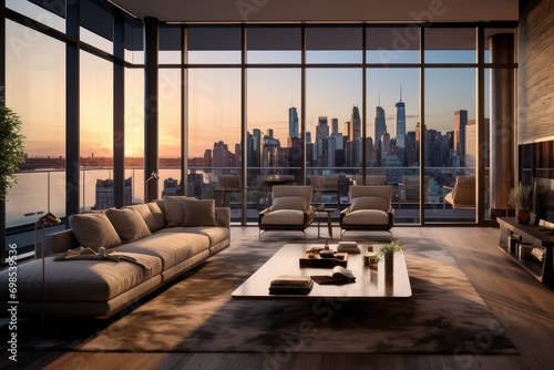 Luxury living room with panoramic view of New York City, A contemporary apartment with floor-to-ceiling windows, AI Generated