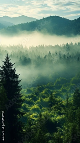 Foggy morning panorama of the forest covered with morning fog © ColdFire