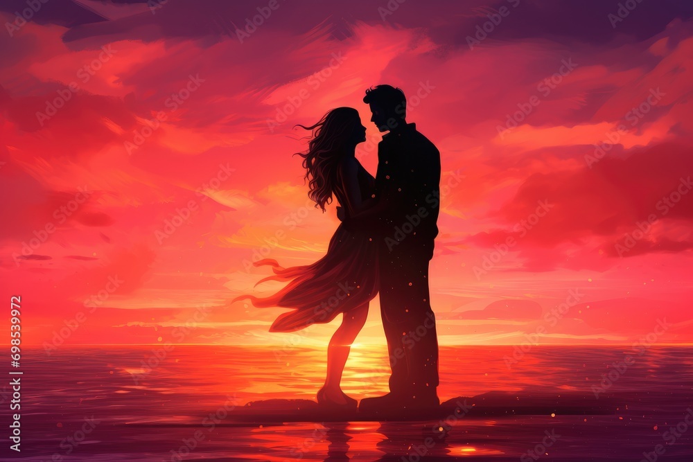 Romantic couple in love on the background of a beautiful sunset, A couple embracing in front of a vibrant Valentine's Day sunset, AI Generated