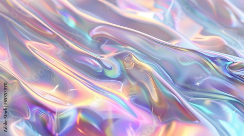 Soothing image of a holographic surface with silky folds  casting a serene pattern of spectral hues in a tranquil  dreamlike display.