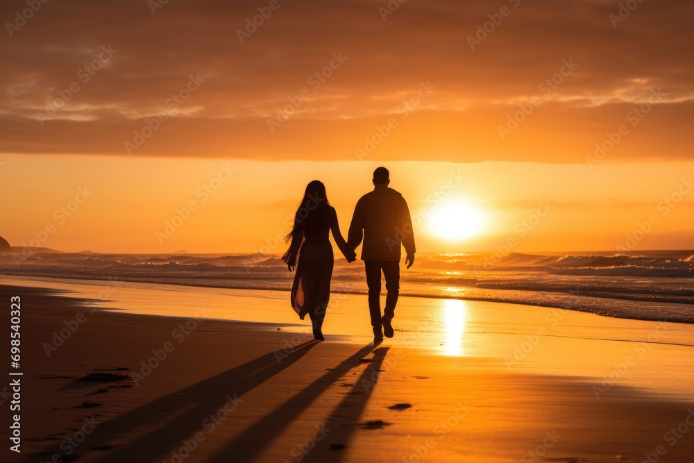 Silhouette of young couple holding hands and walking on the beach at sunset, A couple holding hands, walking along a sandy beach during sunrise, AI Generated