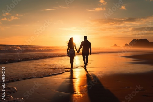 Couple holding hands and walking on the beach at beautiful sunset, A couple holding hands, walking along a sandy beach during sunrise, AI Generated