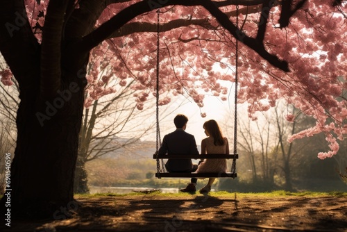Couple sitting on a swing with pink cherry blossoms in the background, A couple sitting on a swing under a cherry blossom tree during full bloom, AI Generated