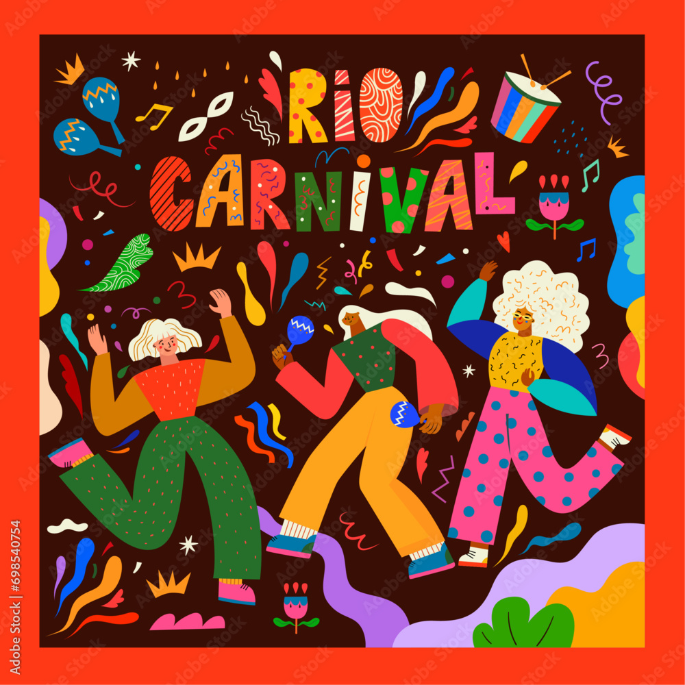 Fototapeta premium Poster carnival party. Design for Brazil Carnival. Decorative illustration with dancing people. Music festival illustration