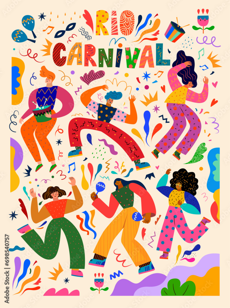 Poster carnival party. Design for Brazil Carnival. Decorative illustration with dancing people. Music festival illustration Poster carnival party. Design for Brazil Carnival. Decorative illustration with dancing people. Music festival illustration