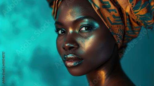 African, fashion and portrait of black woman on blue background with head scarf, glowing skin and makeup. Beauty, glamour and face of female model with exotic style