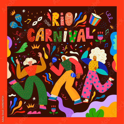 Poster carnival party. Design for Brazil Carnival. Decorative illustration with dancing people. Music festival illustration