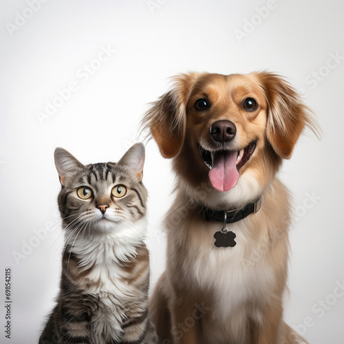 Cat and dog sitting together on white background.