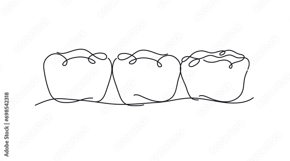 Implanted teeth with crown bridge illustration drawing in flat line style on white background