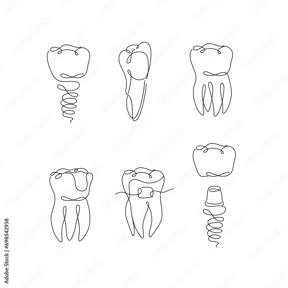 Teeth collection implant, braces, tooth crown, dental seal drawing in flat line style on white background