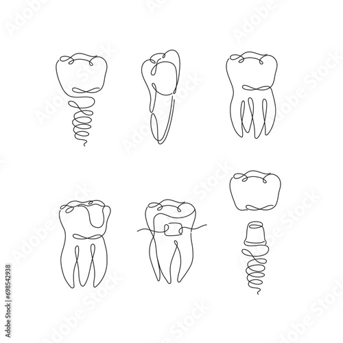 Obraz na płótnie Teeth collection implant, braces, tooth crown, dental seal drawing in flat line style on white background w salonie