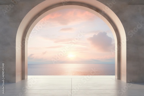 Arched window looking through sunrise on a stone wall