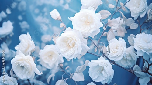 White roses bloom against blue sky background © MSTSANTA