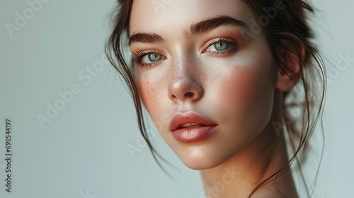 Beautiful young woman with clean perfect skin. Portrait of beauty model with natural nude make up and touching her face