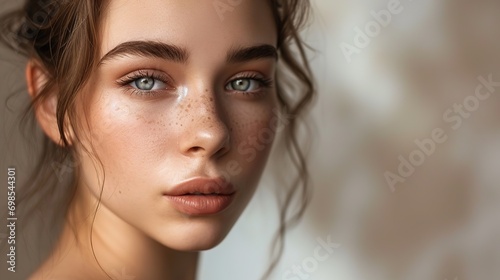Beauty and Skincare Concept. Beautiful natural young woman face with nude makeup on a flawless skin