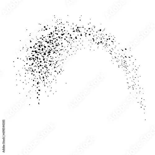 Arc of splashes, black dots texture, abstract sand effect, gradient of dots isolated on white background. Vector illustration.