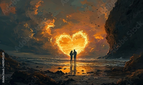 Illuminated eternal love: silhouette of a couple against the backdrop of a fiery heart-shaped sunset on a serene beach