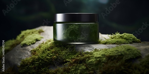 Eco-Friendly Cosmetic Jar in Natural Setting. Generative ai